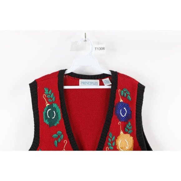 Vintage 90s Streetwear Medium Christmas Ornaments Knit Cardigan Sweater Vest - Picture 2 of 12